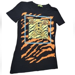 Versace Jeans Women's Black Shirt with Orange & Gold Design - Size 4
